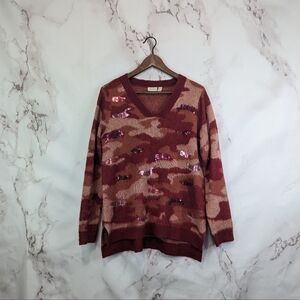 LOGO Lori Goldstein Lavish Camo Sweater Small Red V Neck Sequin High Low Women